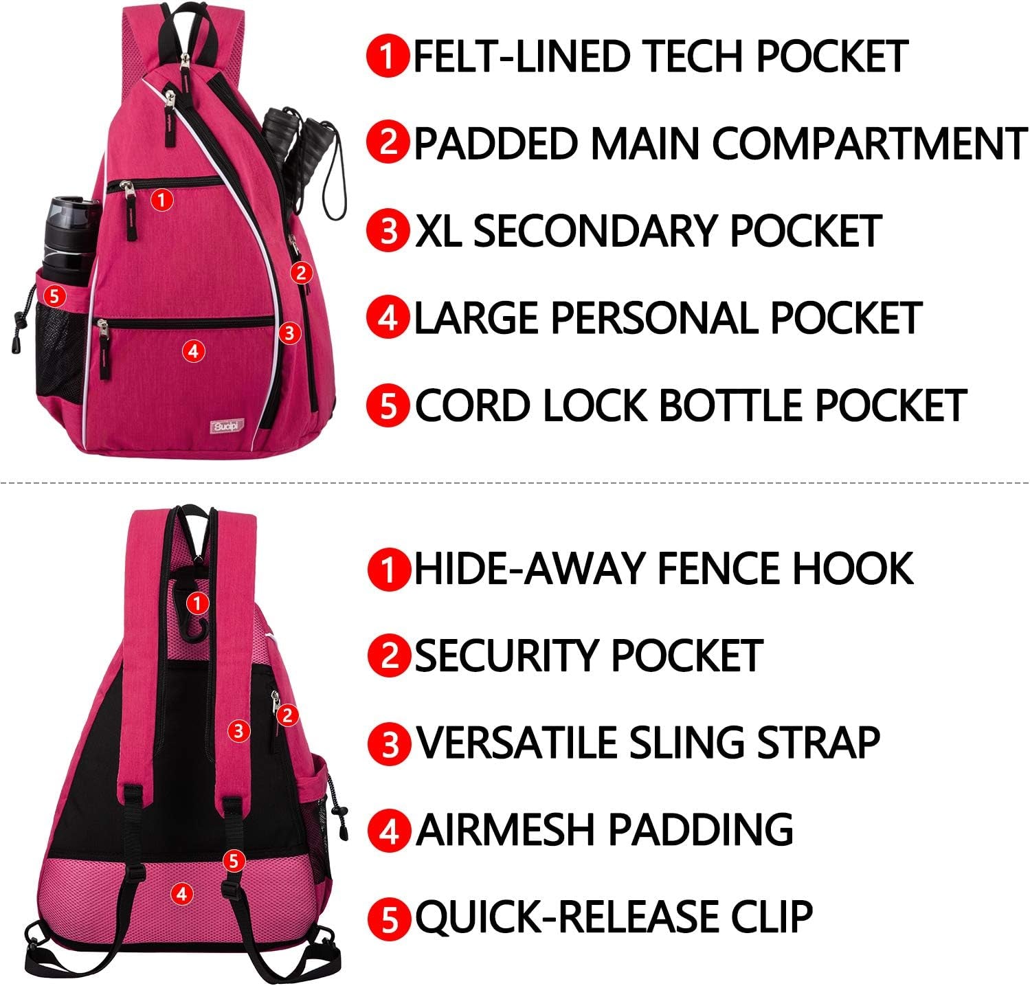 Reversible Sling Bag for Pickleball & Racketball - Travel Sport Sling Backpack for Women - Pink