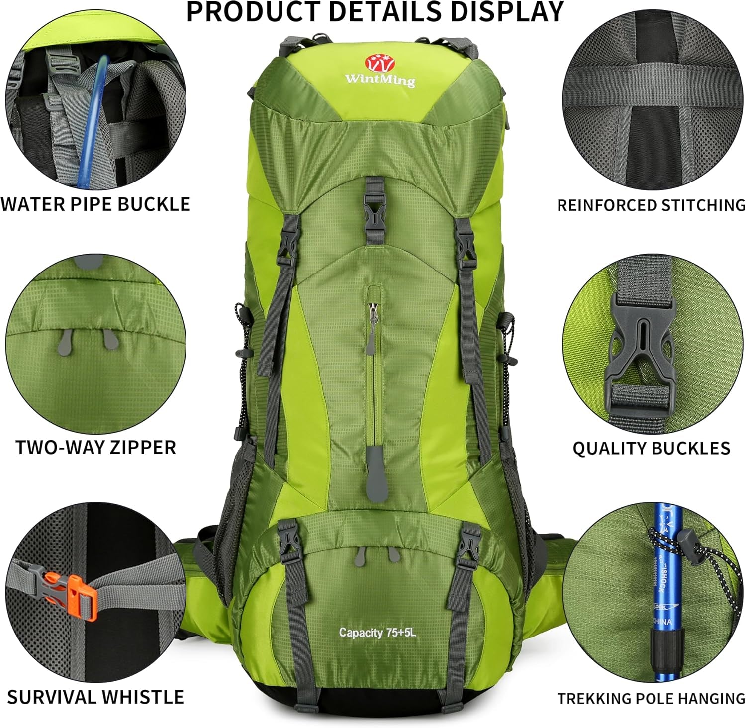 Wintming 75L Hiking Backpack with Rain Cover Waterproof Camping Backpack Shoes Warehouse for Men Women